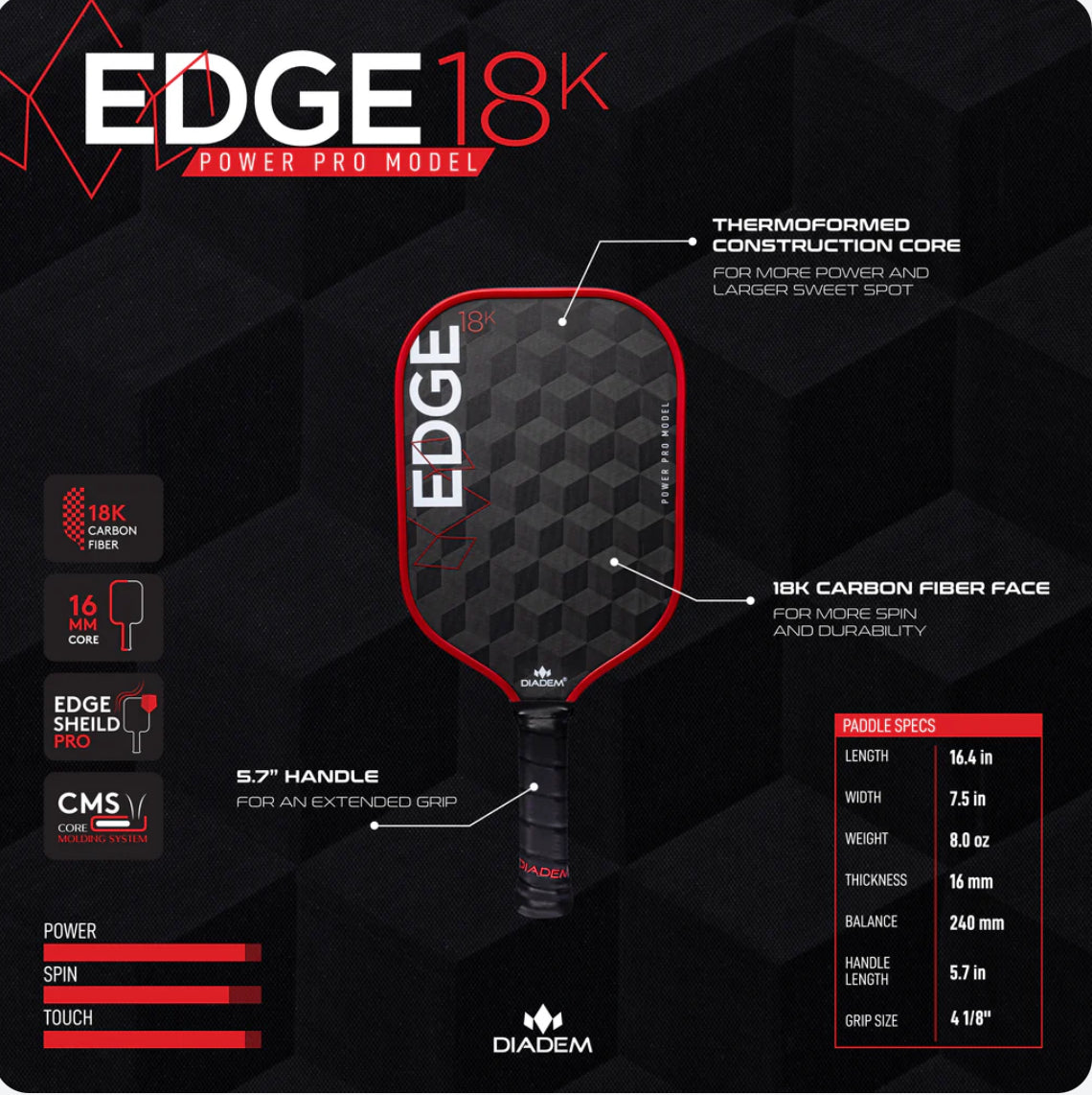 Diadem EDGE 18K Power Pro RED 16MM - Pickleball Paddle