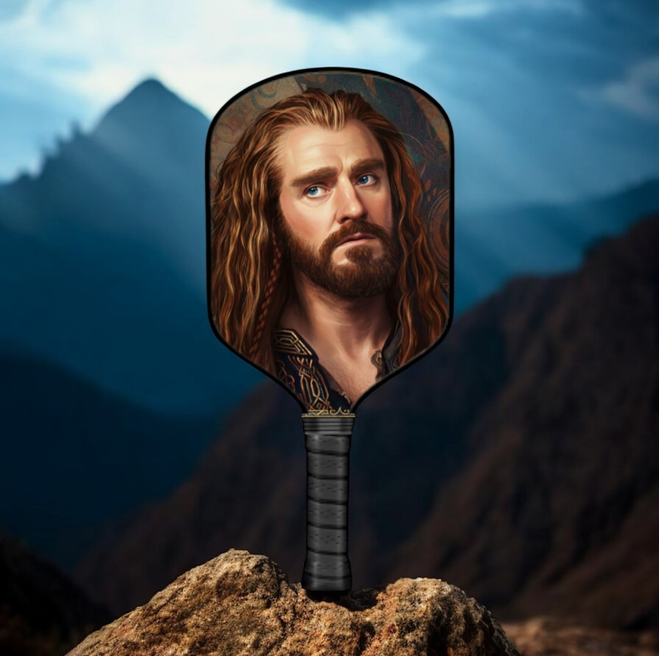 Man with long hair and beard in a mirror against a mountainous background