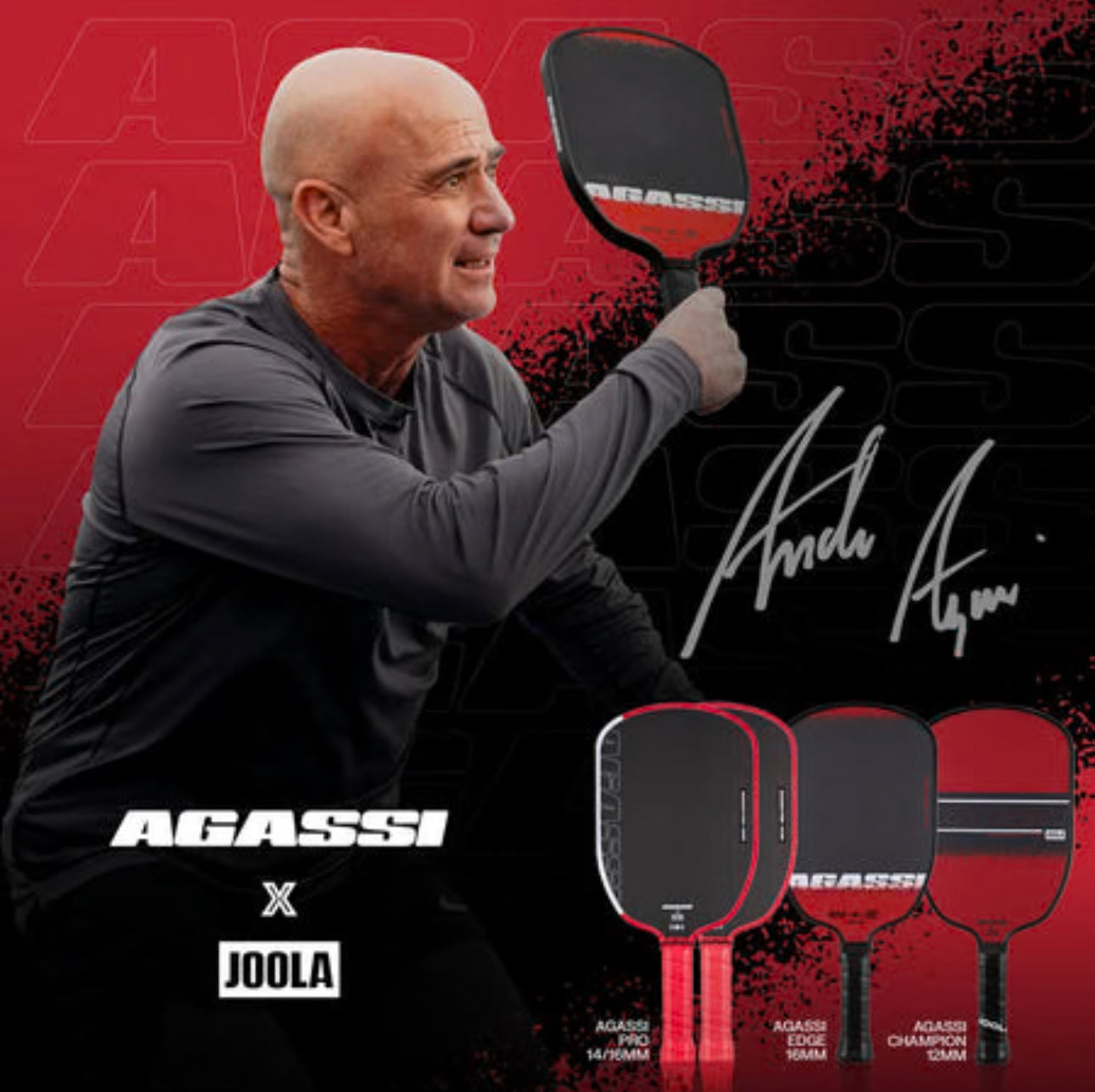 Man holding a pickleball paddle with Agassi branding on a red and black background