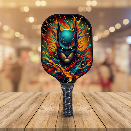 A pickleball paddle with a colorful artistic depiction of Batman on the face, placed on a wooden surface with a blurred background.