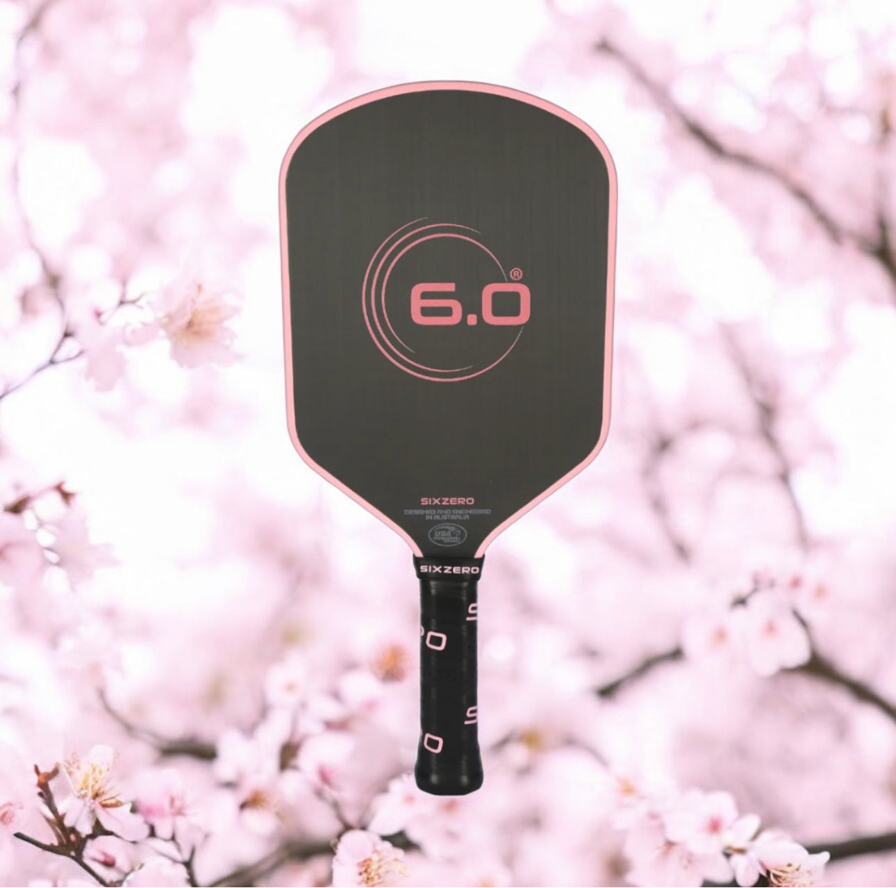 Pickleball paddle with '6.0' branding against a cherry blossom background