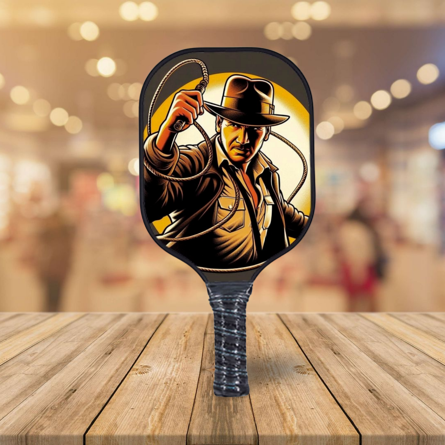 A pickleball paddle with an illustration of Indiana Jones on the face, displayed on a wooden surface with blurred lights in the background.