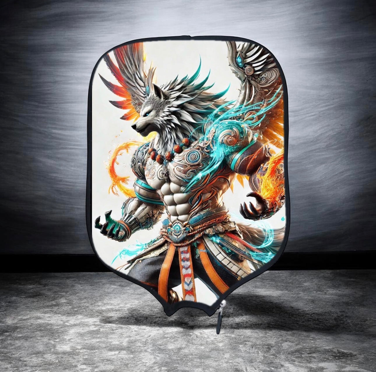 Decorative chair cover with a fantasy creature design on a gray background