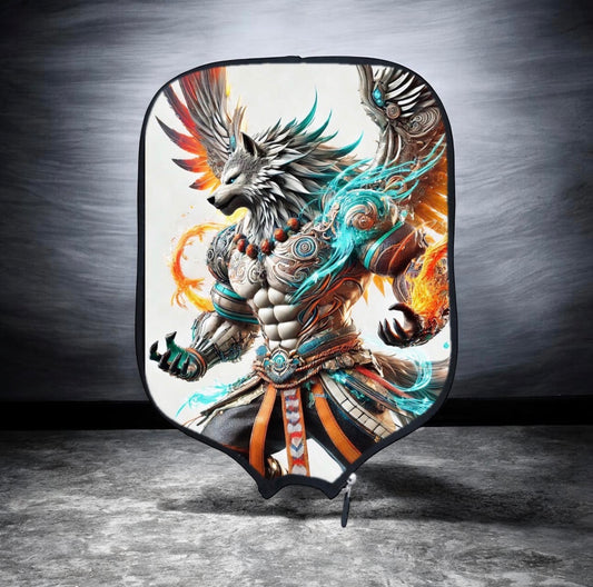 Decorative chair cover with a fantasy creature design on a gray background