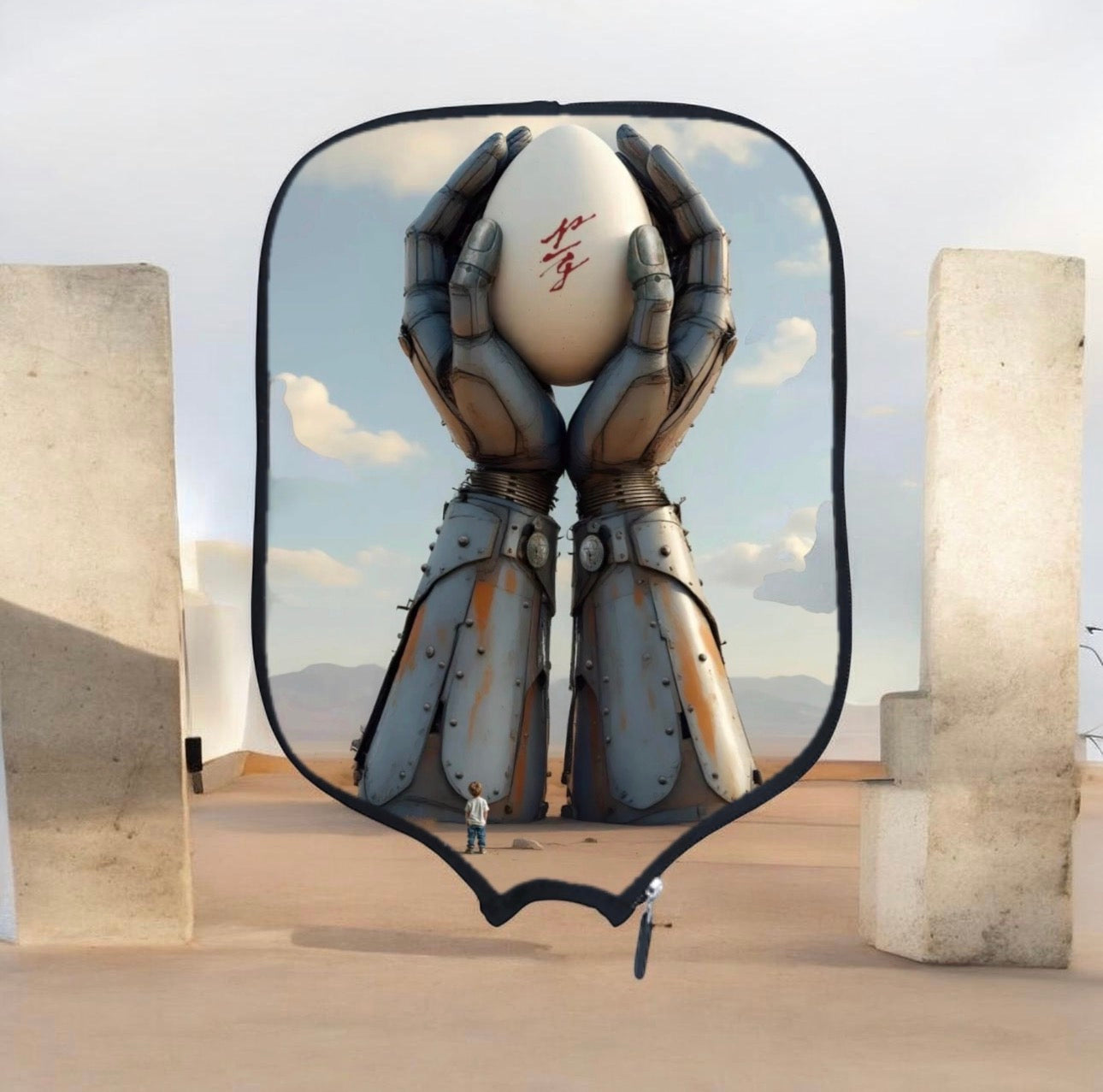 Robotic hand holding a egg-shaped object with a desert landscape in the background