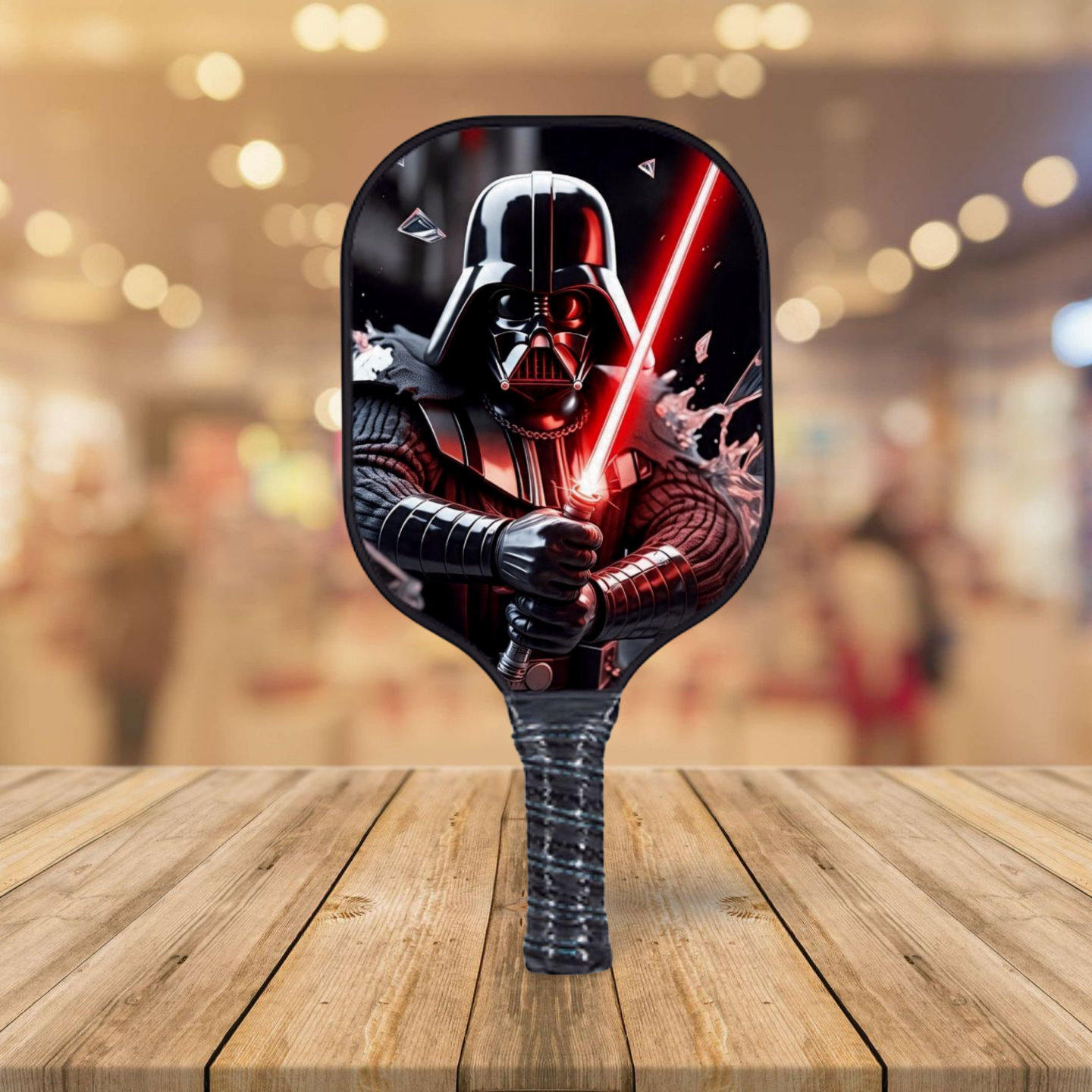 Pickleball paddle with Darth Vader design on a wooden surface