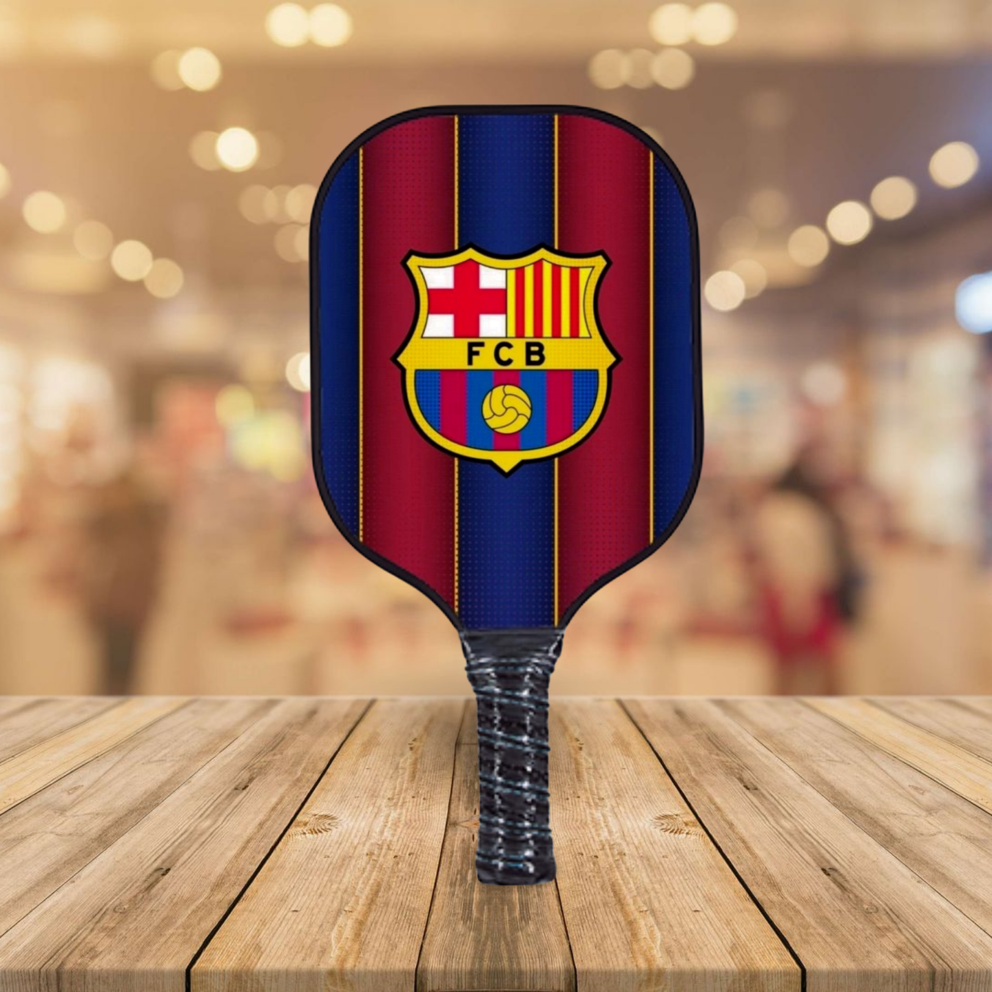 A pickleball paddle with the FC Barcelona logo on the grip, featuring red and blue stripes and a gold emblem on the face.