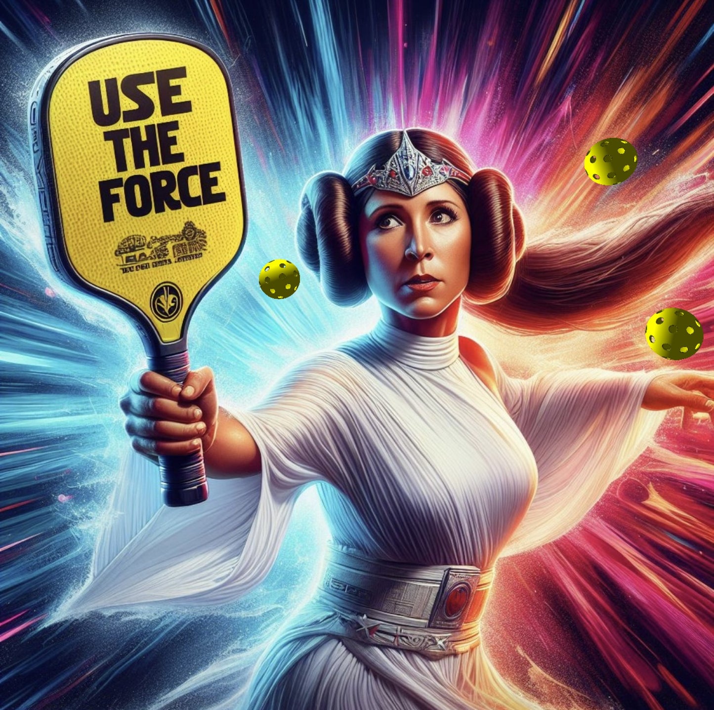 Princess Leia Playing Pickleball holding a Pickleball Paddle