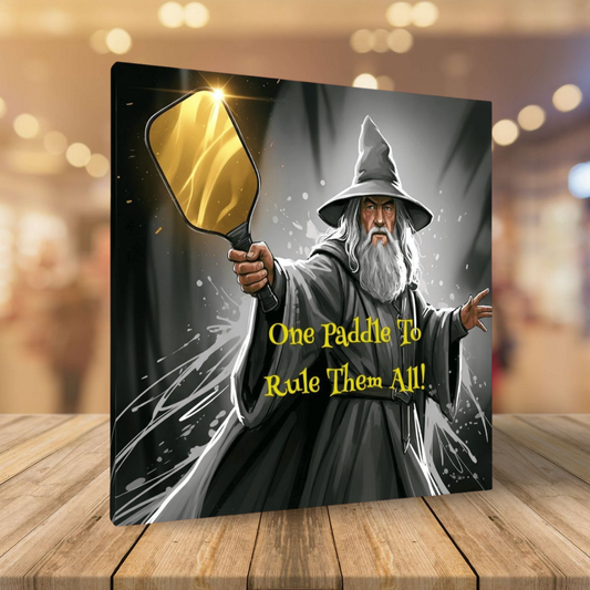 Gandalf holding a golden staff with 'One Paddle To Rule Them All!' text on a dark background