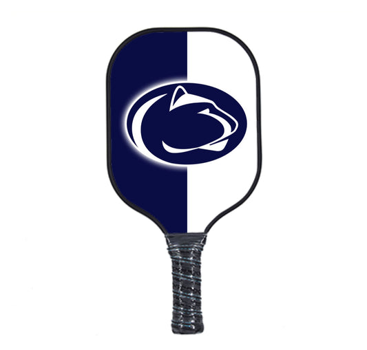 Penn State Pickleball paddle with a blue and white design on a white background
