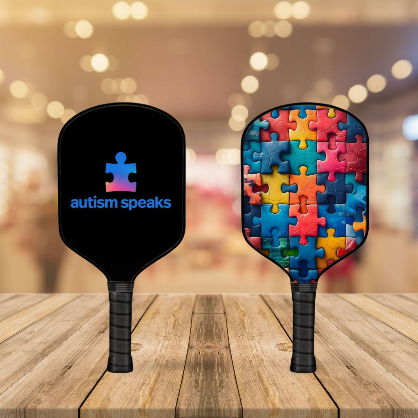 pickleball paddle featuring the Autism Speaks logo and the other side with a colorful puzzle pattern.