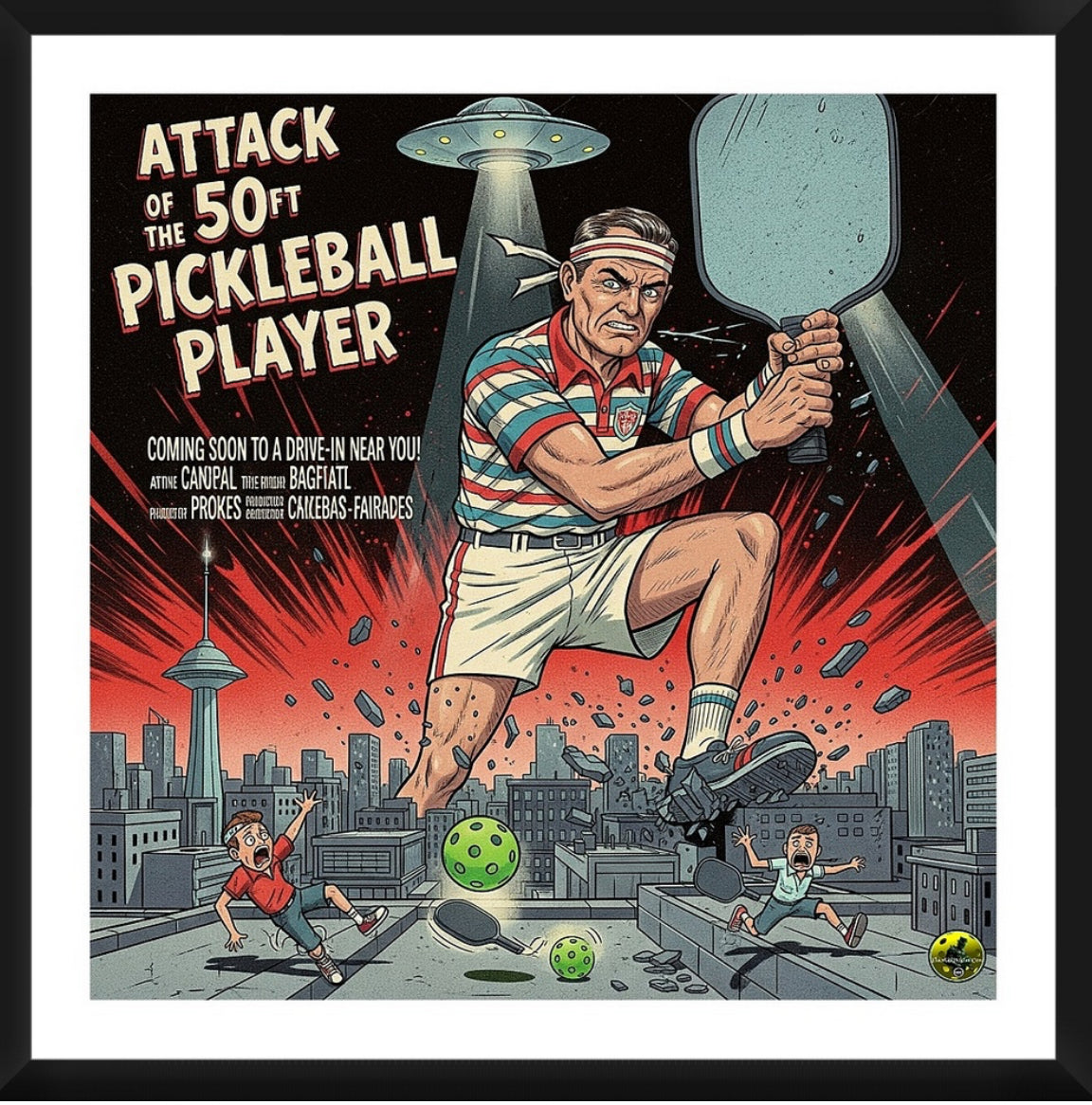Attack Of The 50Ft Pickleball Player Framed Artwork 16x16