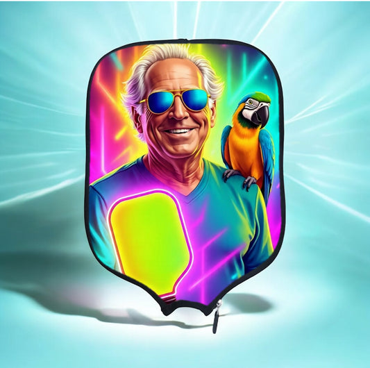 Colorful pickleball paddle with a graphic of a man and parrot on a blue background