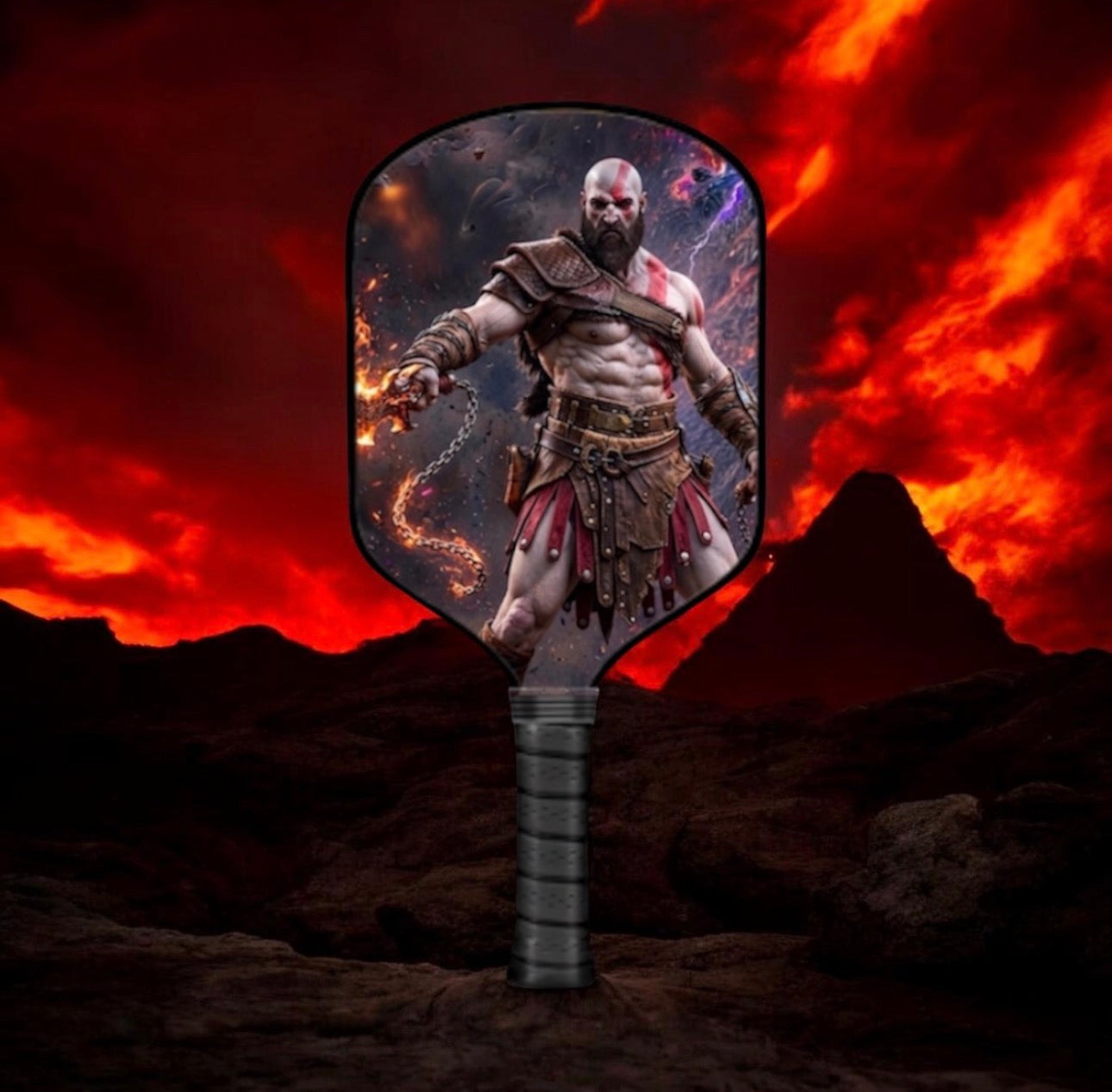 A handheld paddle-style fan or mirror with a printed Kratos character design, standing upright in a rocky outdoor scene with a dramatic red-orange sky and mountains behind it.