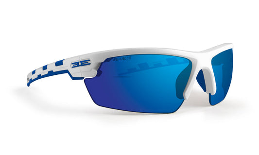 White wrap-around sunglasses with a blue mirrored lens and a blue-and-white patterned temple arm, shown on a white background.