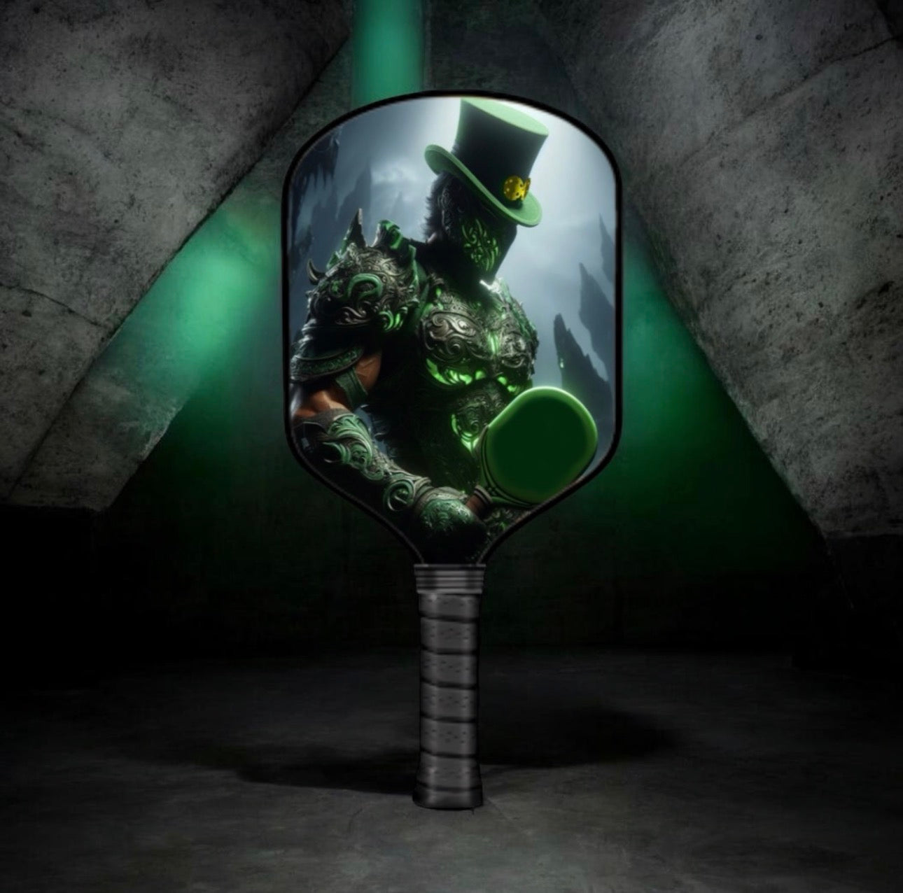 A large, shield-shaped decorative mirror with a dark metallic handle, reflecting a green-lit fantasy scene of a knight in armor and a leprechaun hat. The mirror is set against a dark, concrete archway background with green lighting.