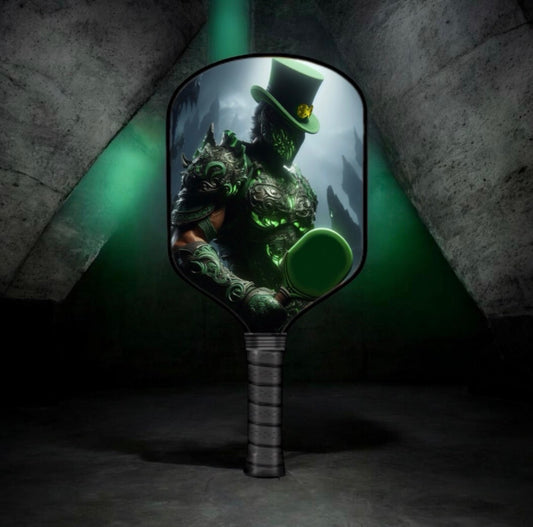 A large, shield-shaped decorative mirror with a dark metallic handle, reflecting a green-lit fantasy scene of a knight in armor and a leprechaun hat. The mirror is set against a dark, concrete archway background with green lighting.