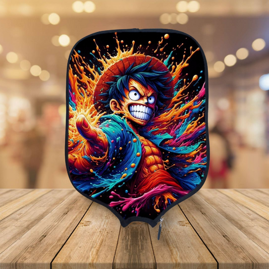 A pickelball paddle cover featuring a colorful illustration of Monkey D. Luffy from One Piece.