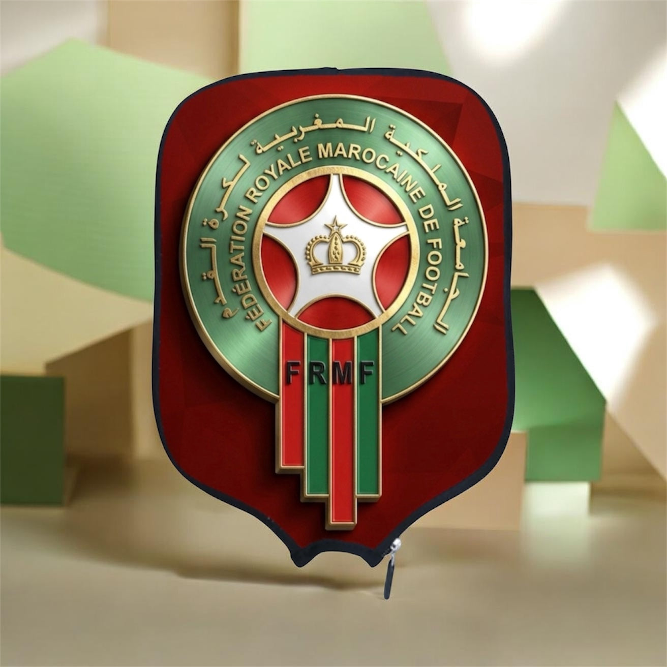 A zippered pouch featuring the Moroccan national football team crest, including the text 'FRMF' and 'Souvenir Royale Marocaine de Football', set against a stylized beige and green background.