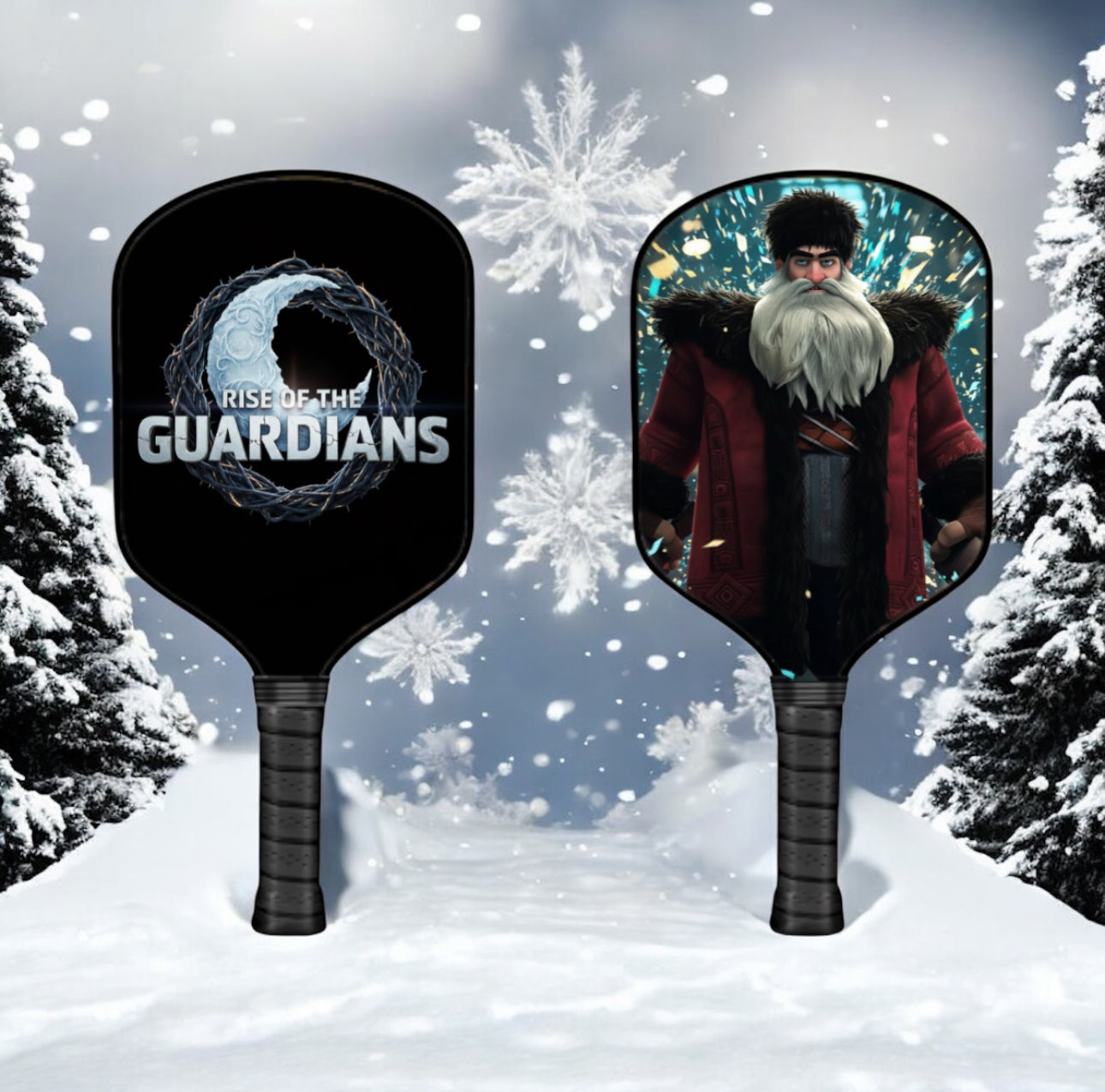 Two pickleball paddles with 'Rise of the Guardians' design against a snowy background