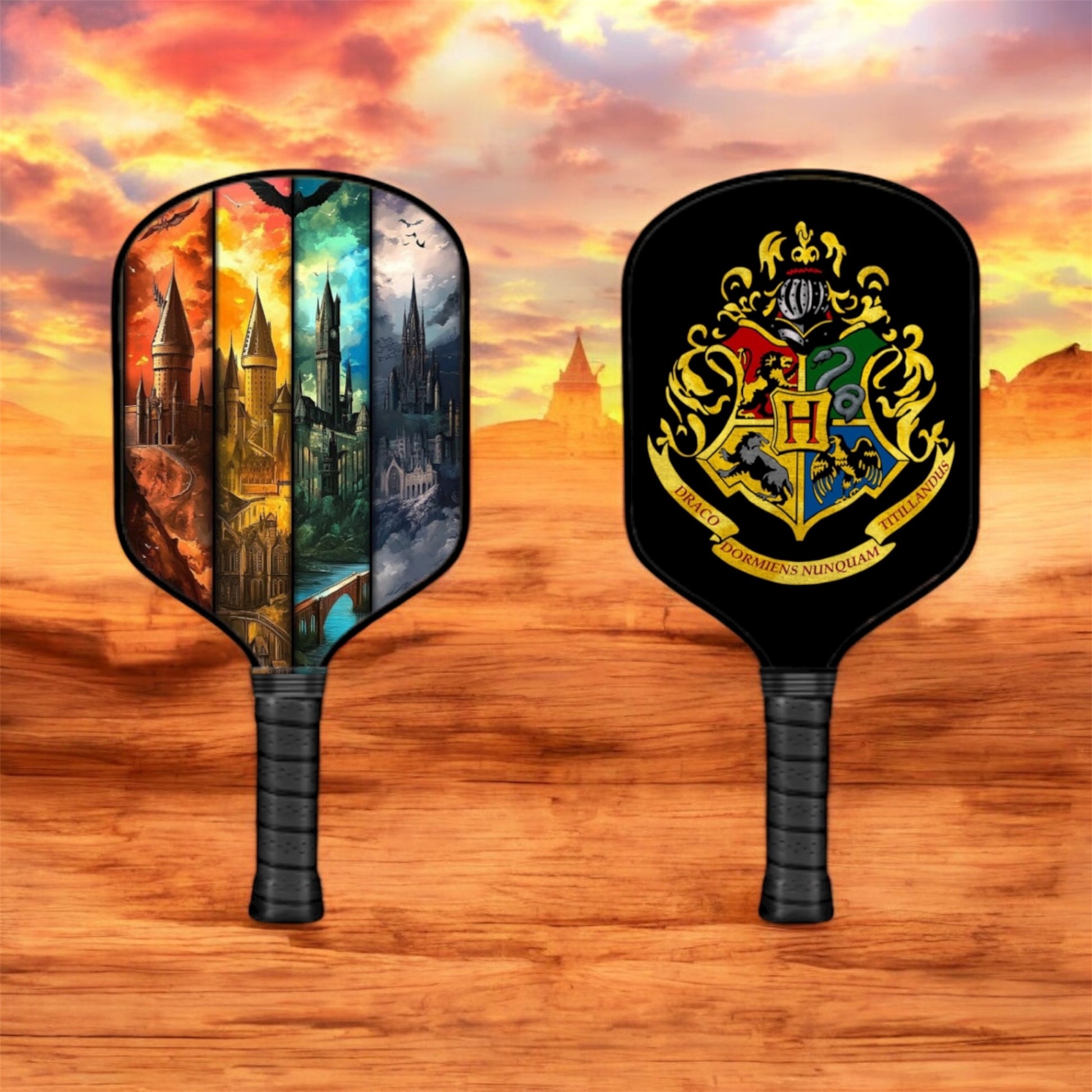 Two pickleball paddles with Hogwarts Castle design and Harry Potter logo on a wooden surface with a sunset background.