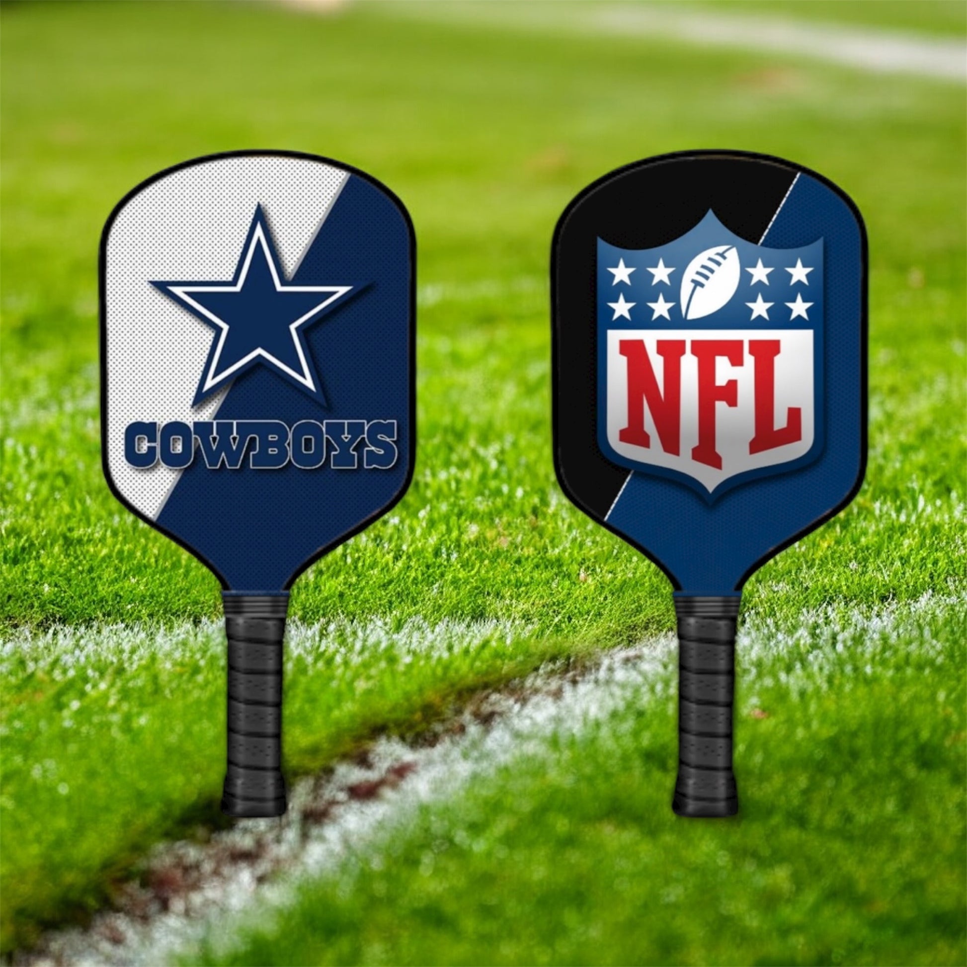 Two pickleball paddles with Dallas Cowboys and NFL logos on a grass field.