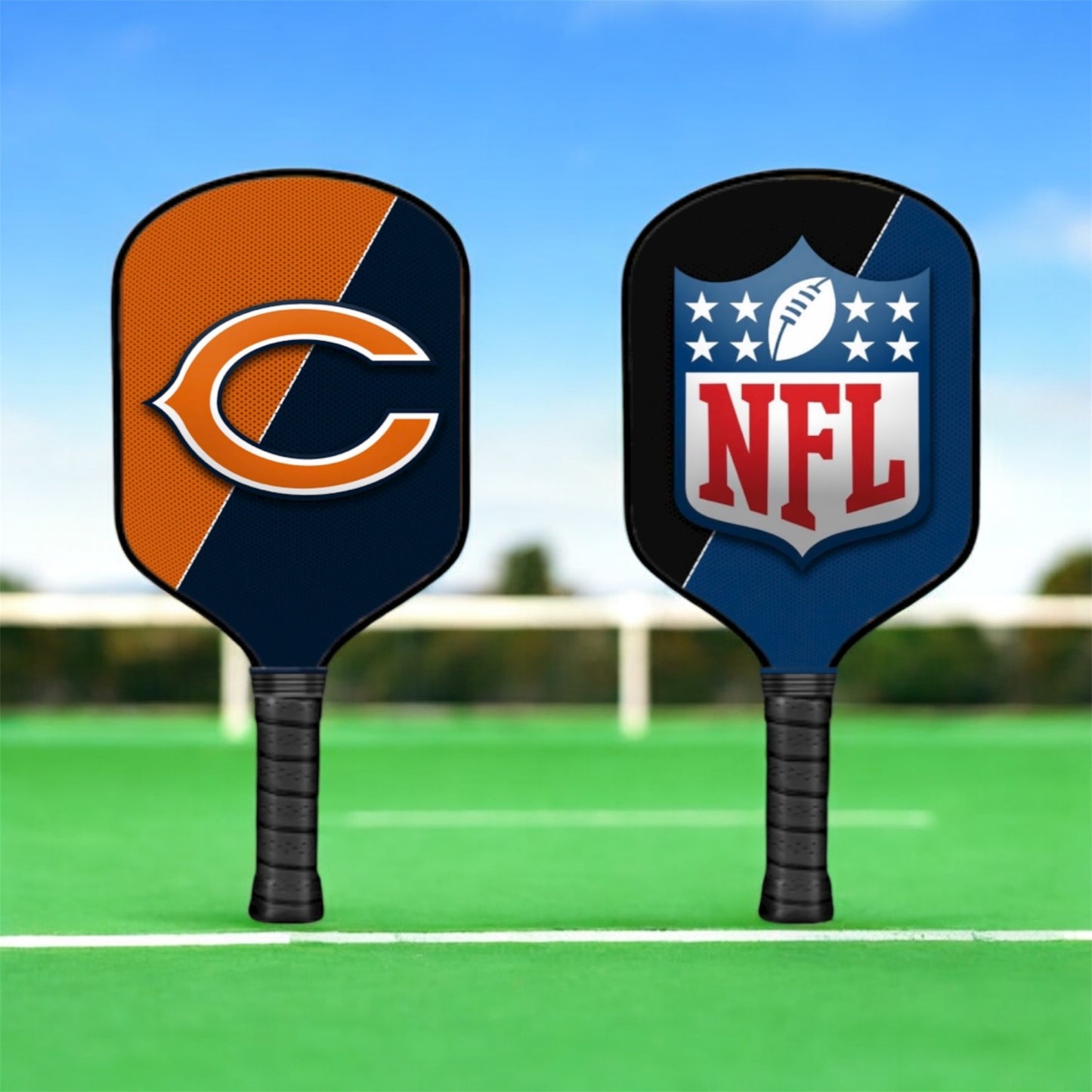 Two pickleball paddles with Chicago Bears and NFL logos on a sports field background.