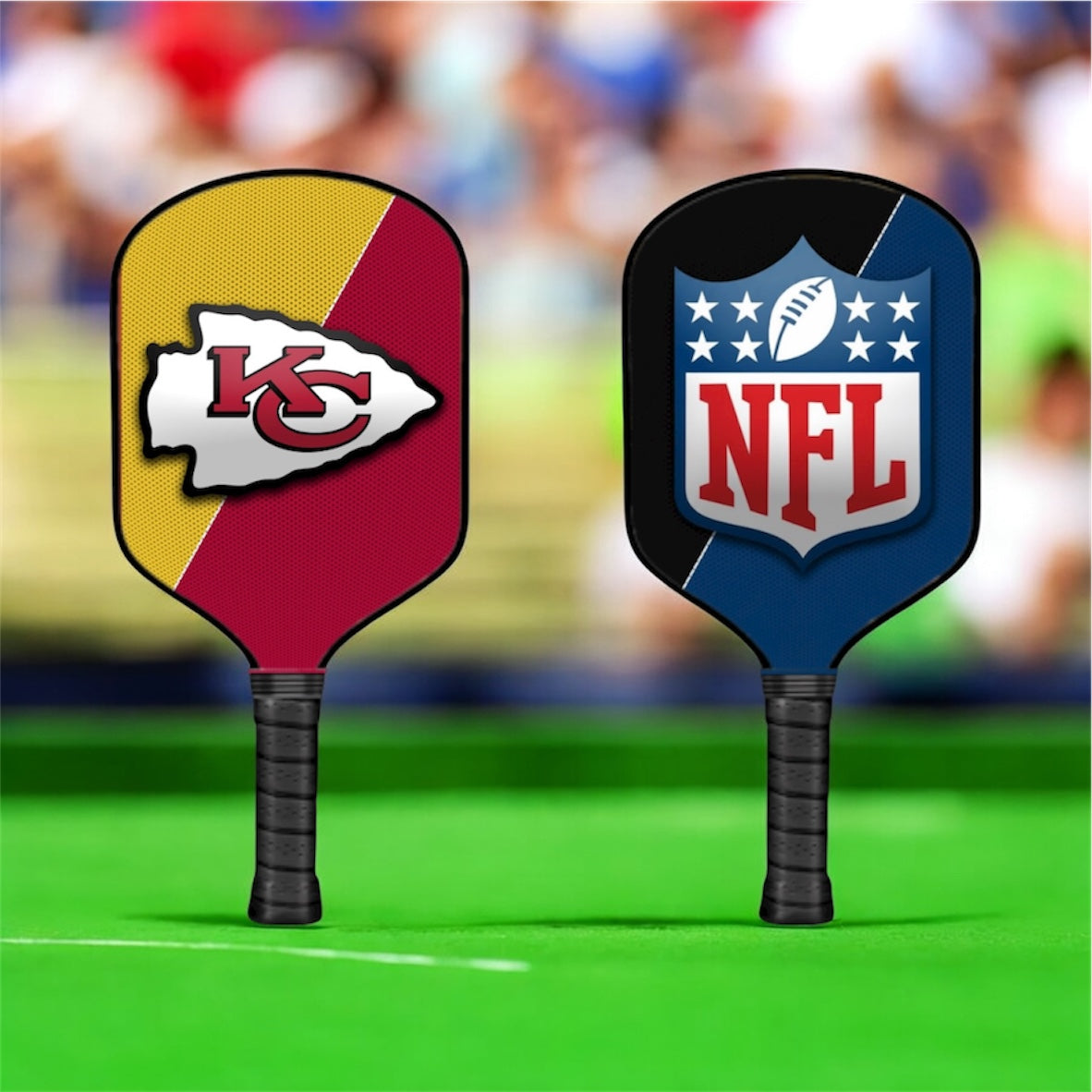 Two pickleball paddles with Kansas City Chiefs and NFL logos on a sports field background.