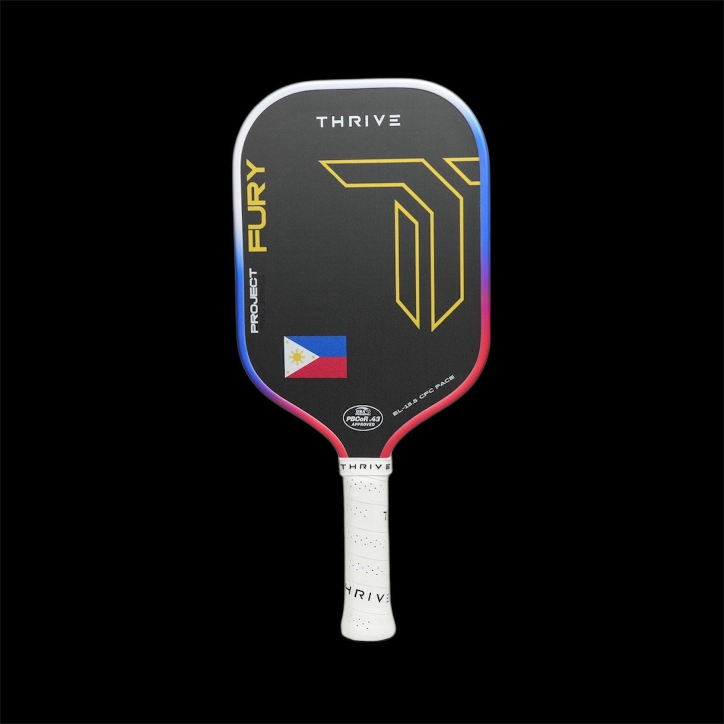 Pickleball paddle with 'Thrive' branding and a colorful design on a black background