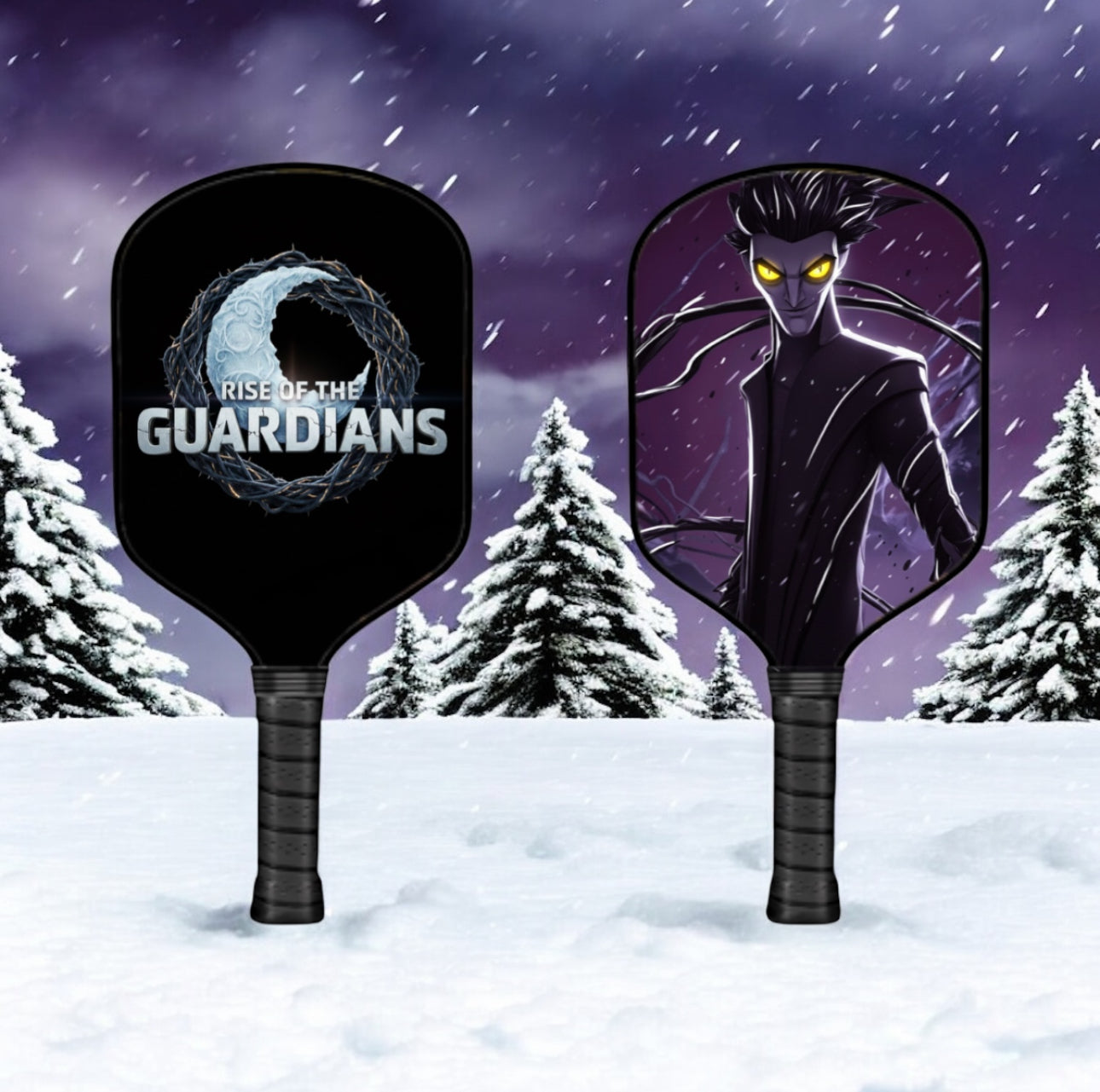Two pickleball paddles with 'Rise of the Guardians' design against a snowy background