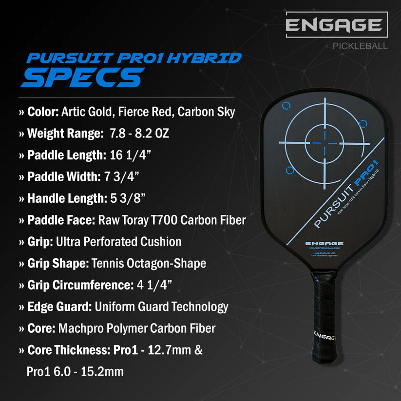 Engage Pursuit Pro1 6.0 Hybrid  Artic Gold Raw Carbon Fiber Pickleball Paddle