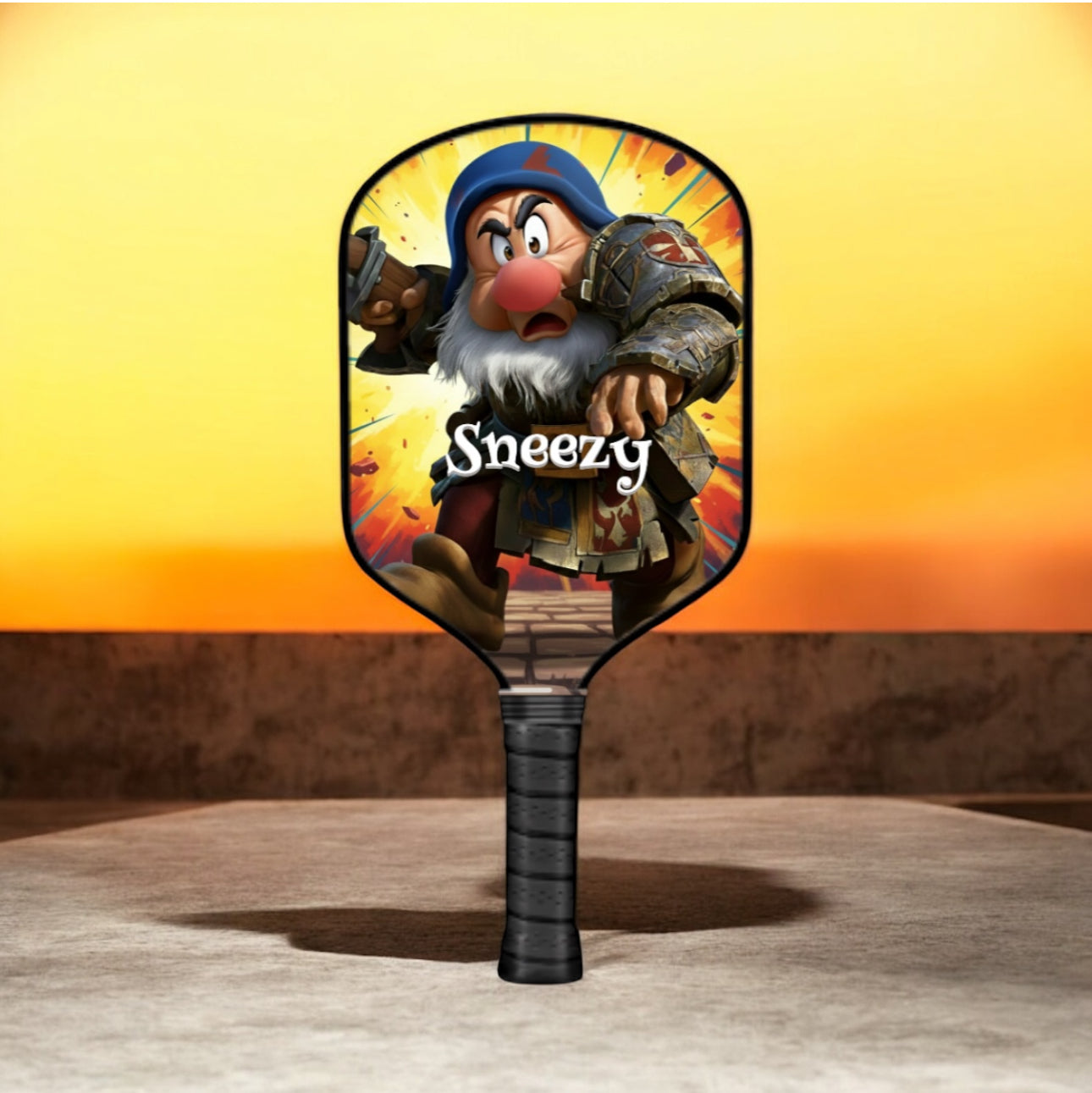 Pickleball paddle with a character design labeled 'Sneezy' on a yellow background
