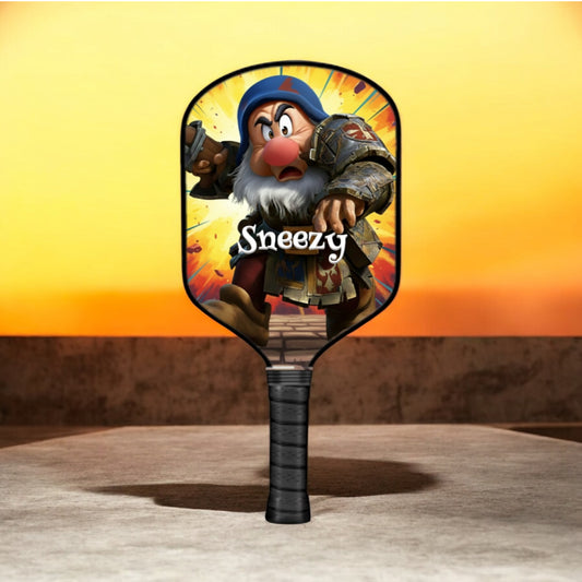 Pickleball paddle with a character design labeled 'Sneezy' on a yellow background