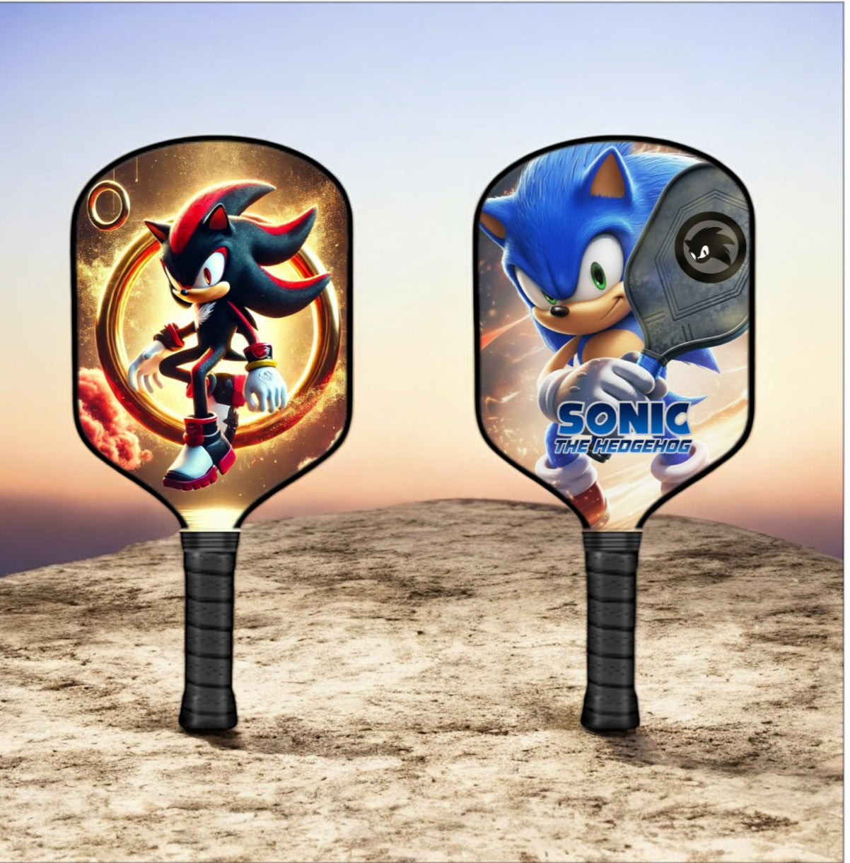 Two pickleball paddles featuring Sonic the Hedgehog design on a desert background