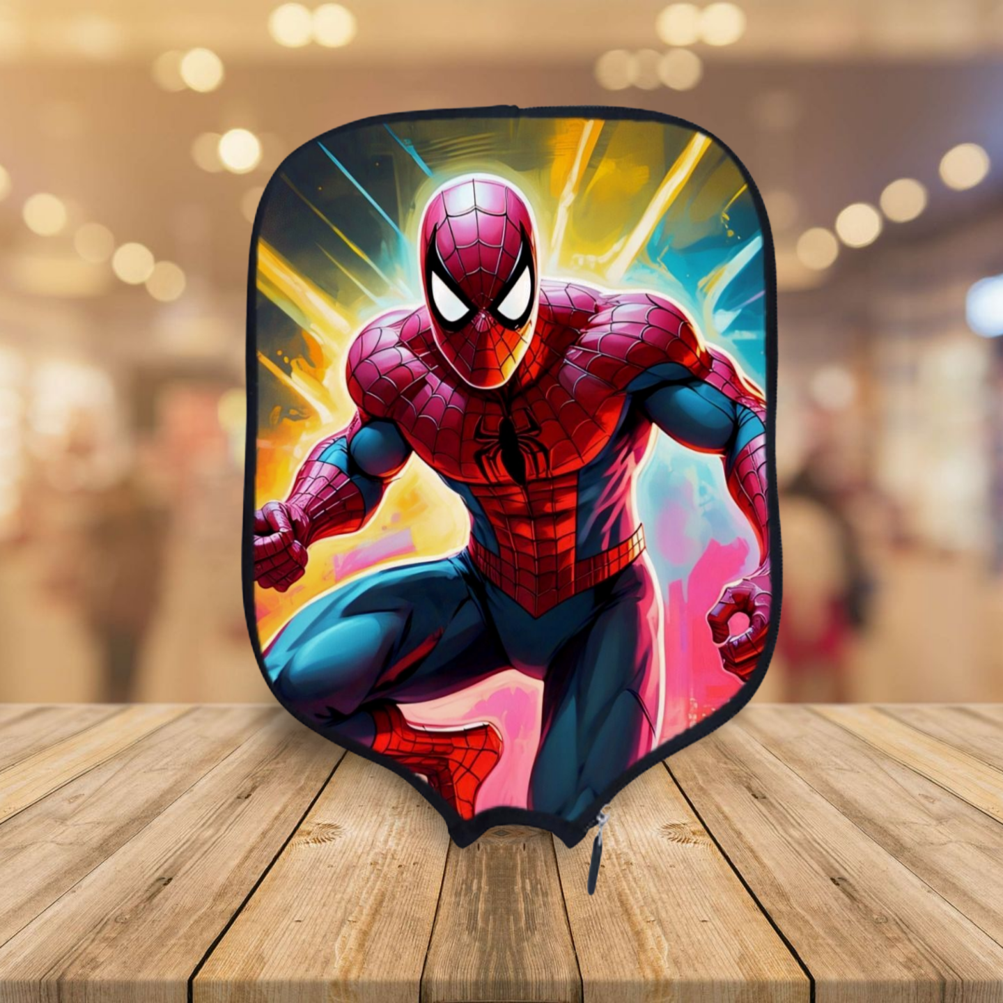 A pickleball paddle cover featuring a vibrant print of Spider-Man in an action pose.