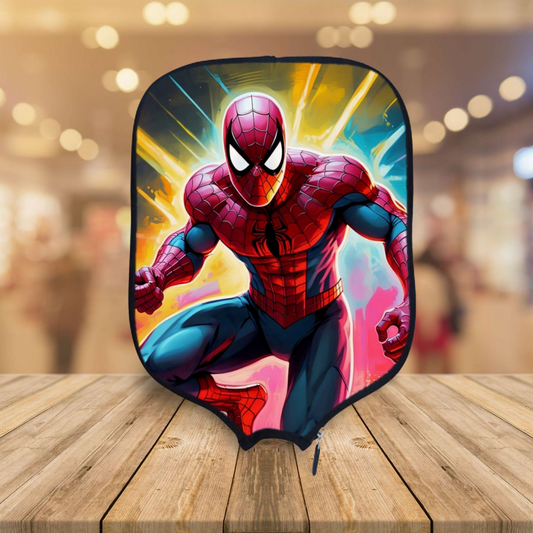 A pickleball paddle cover featuring a vibrant print of Spider-Man in an action pose.