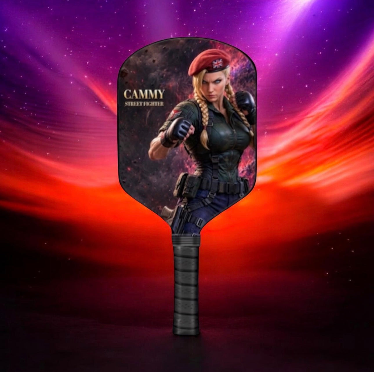 A paddle-shaped fan featuring a printed graphic of Cammy from Street Fighter, shown against a dramatic purple, pink, and red abstract background.