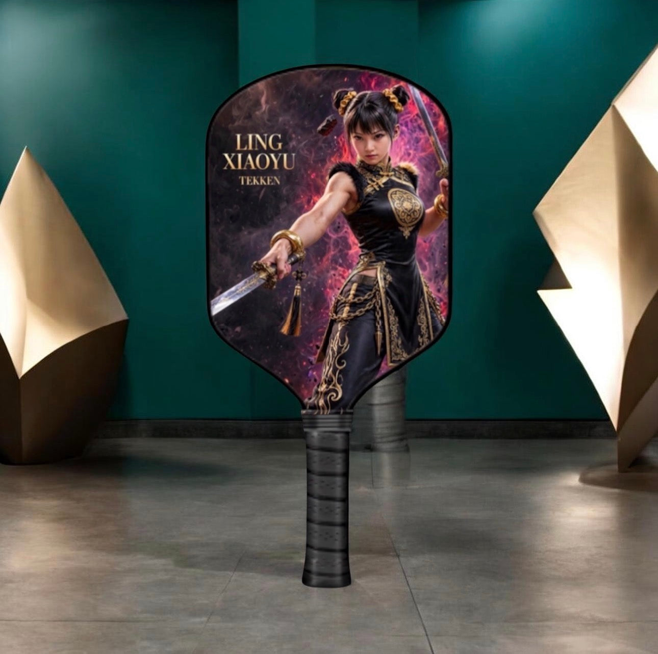 A large paddle-shaped hand fan featuring an illustration of Ling Xiaoyu from Tekken, standing upright in a modern interior setting with teal walls and sculptural gold side pieces.