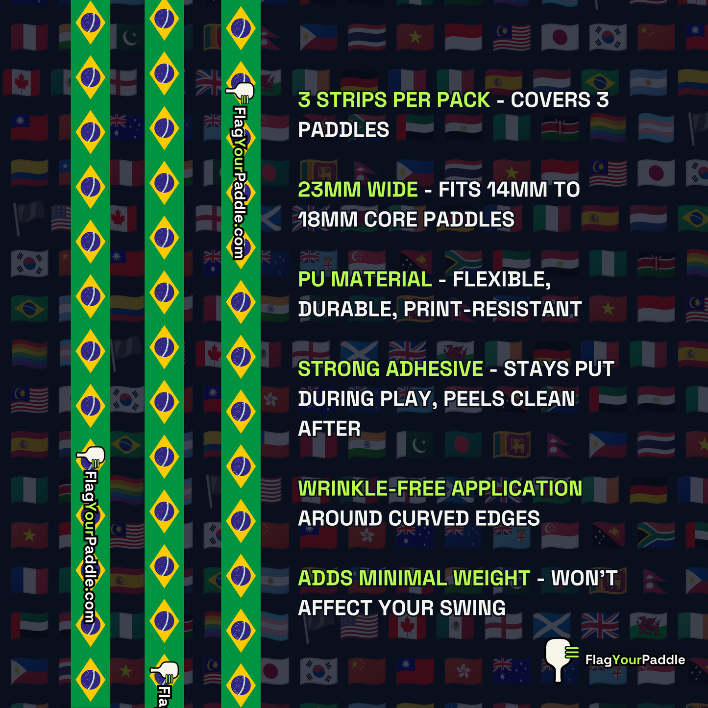 Brazil Flag Pickleball Edge Guard Tape — 3 Pack