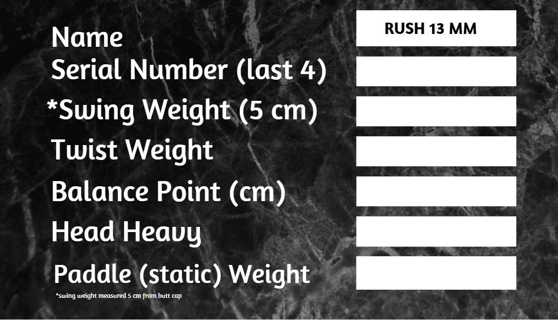 RUSH 13   Includes custom weight card, paddle cover, paddle eraser, and lead weights.