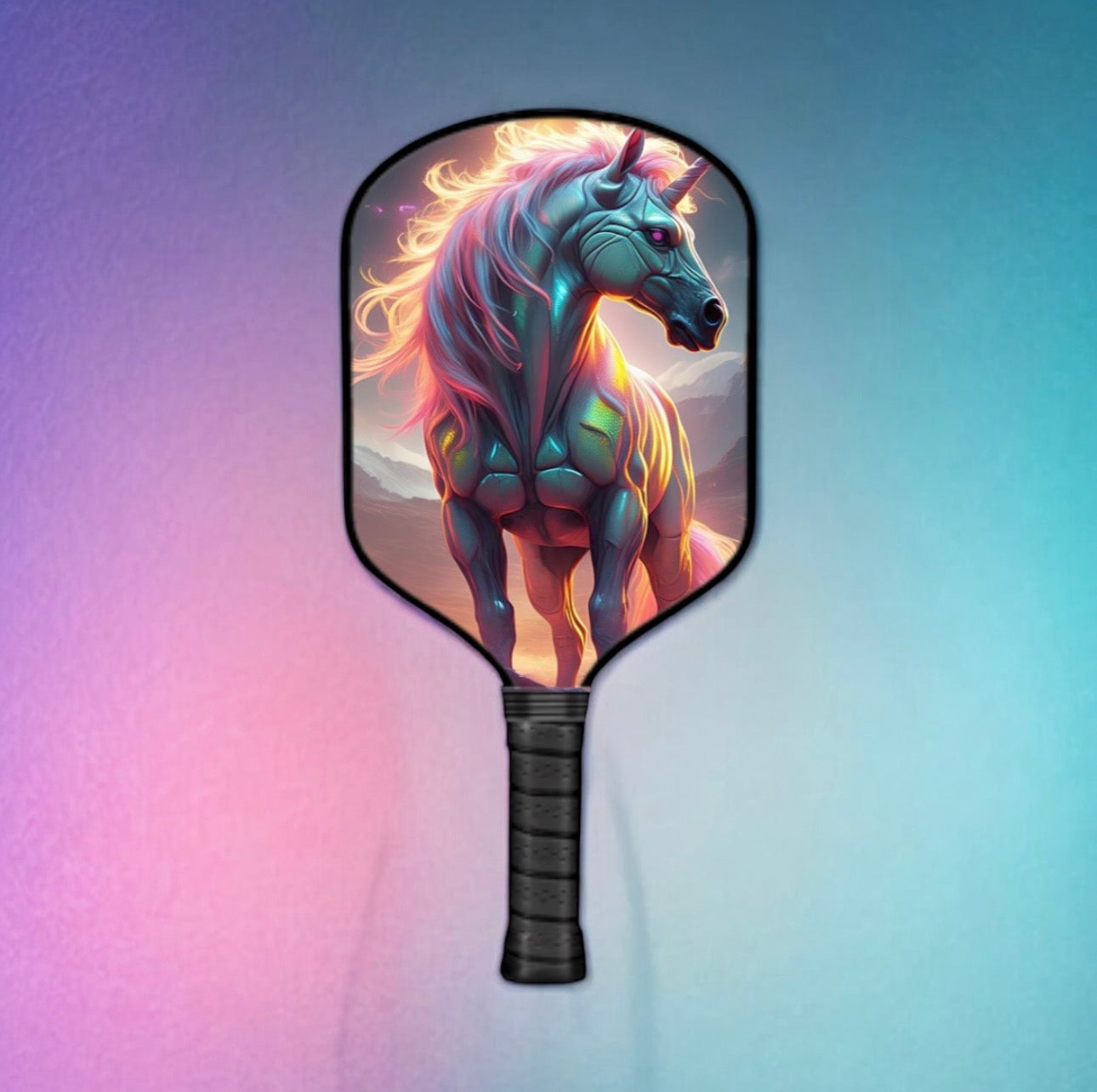 Pickleball paddle with a colorful unicorn design on a gradient background