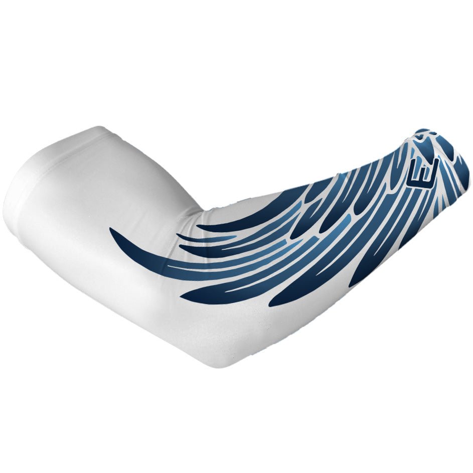 White arm sleeve with blue wing design on a white background