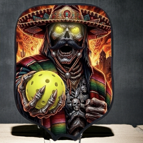 A pickleball paddle shown upright on a stone wall next to a matching decorative paddle cover featuring a skull in a sombrero holding a yellow pickleball, against a dark textured background.