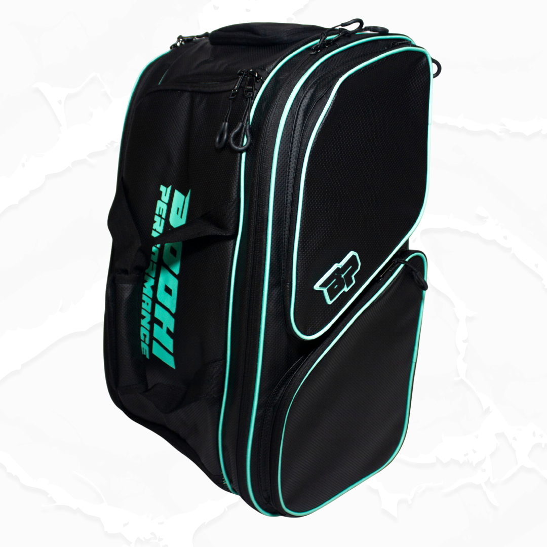 Black backpack with teal accents and branding on a white background