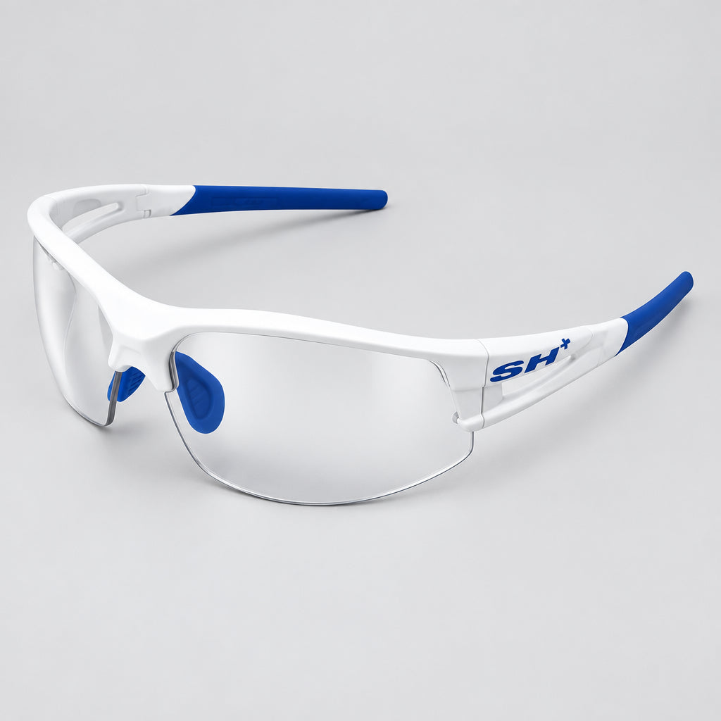 White and blue safety glasses with clear lenses, featuring a white frame, blue nose pads, and blue temple tips with a visible SH logo.