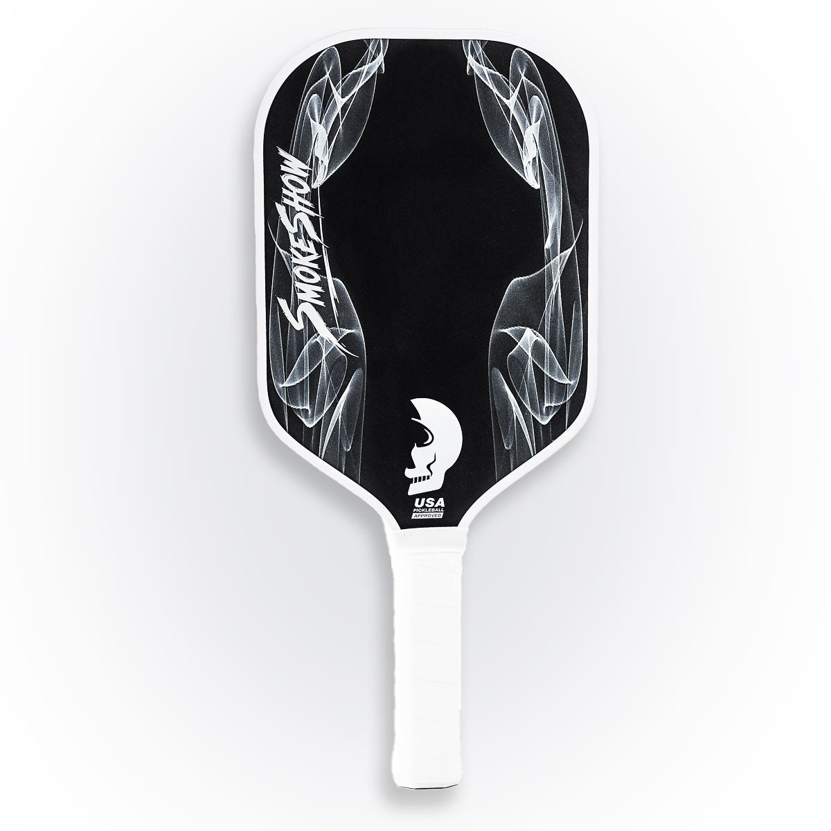 Pickleball paddle with black and white design on a white background