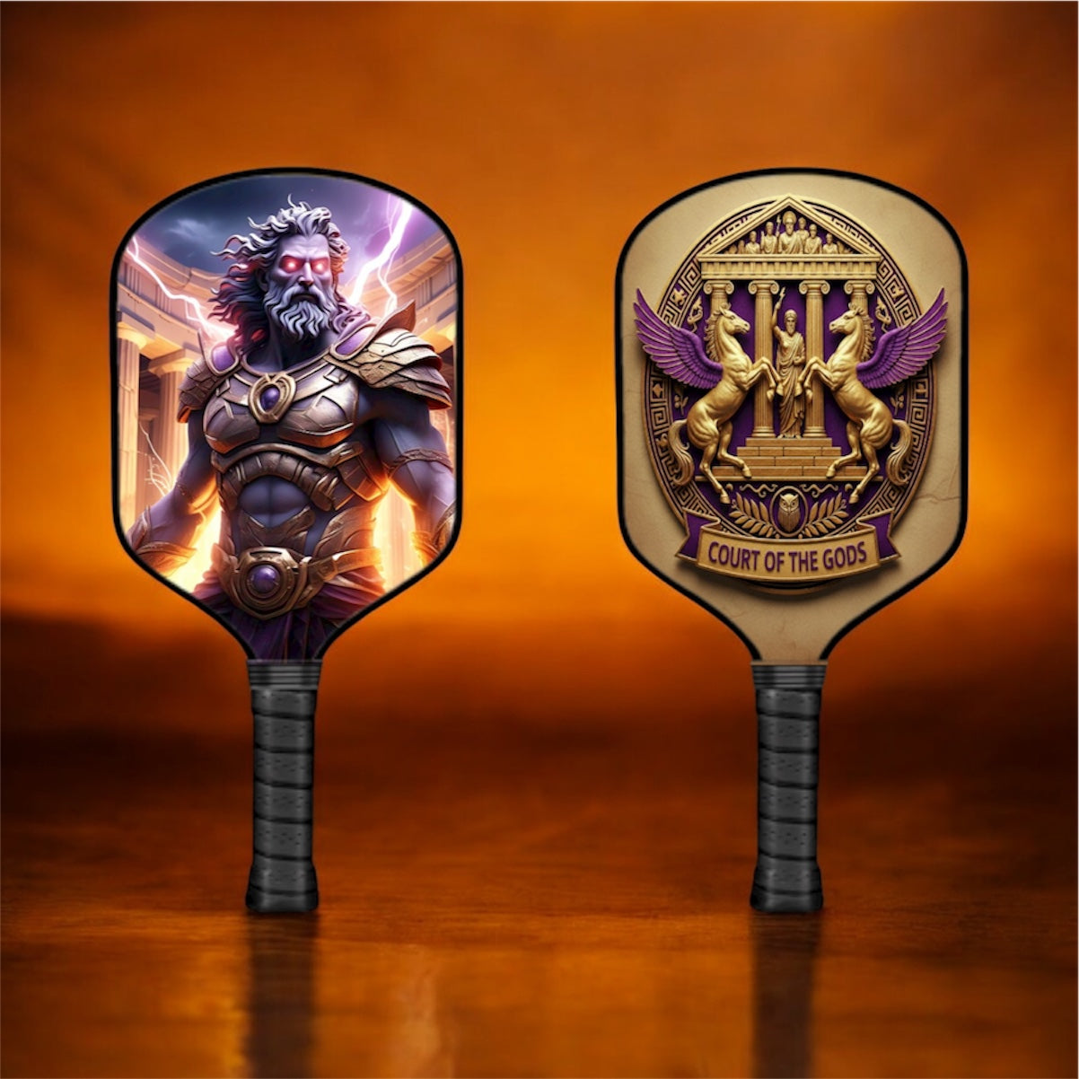 Zeus Two pickleball paddles with warrior and mythological design on an orange background