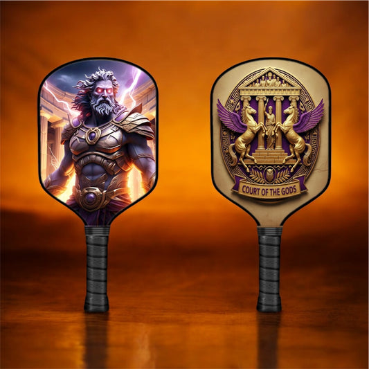 Zeus Two pickleball paddles with warrior and mythological design on an orange background